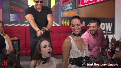 Slaves in white dresses Angel Rush and Lyen Parker make their Public Disgrace debut