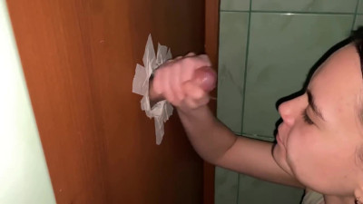 Public Gloryhole Blowjob Gangbang in a Toilet by a Czech Brunette Amateur