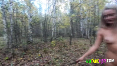 Nude Blonde Picks Mushrooms in the Russian Forest
