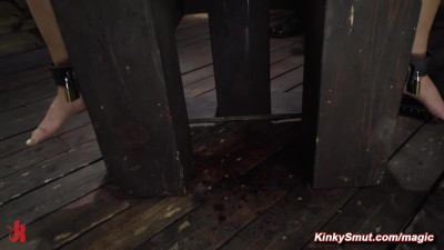 Hot small tits blonde sub Lindsey Cruz locked in metal device gets bastinado