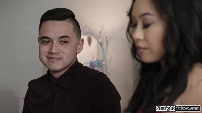 I dare my hot petite asian stepcousin to suck my uncut cock
