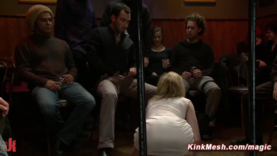 Blonde Lily LaBeau suspended and face fucked in crowded public bar