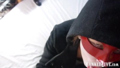 Redhead teen vampire cosplayer gets a surprise in her throat.