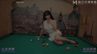 Sexy female assistant in the billiard room hits a hole in one
