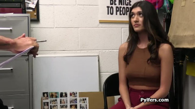 Busty flute stealing hottie gets busted and fucked in the backroom