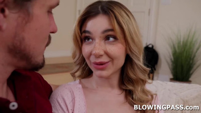 Petite blonde teen practicing blowjob with stepdads friend